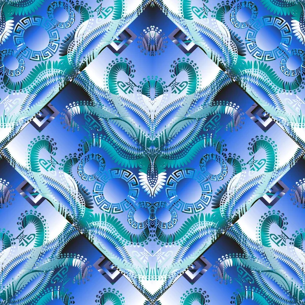 Elegance Abstract Greek Blue Colors Seamless Pattern Modern Geometric Ornate — Stock Vector
