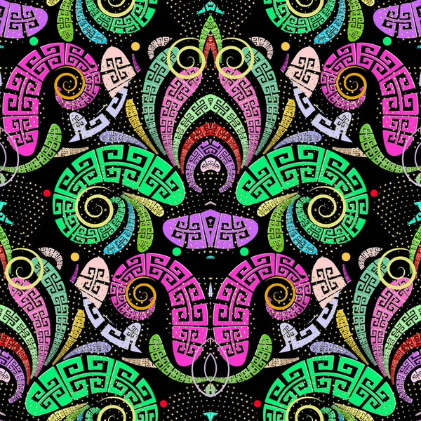 Renkli Yunan Biberi Paisley seamless modeli. Vektör arka süs çiçek plan. Çok renkli parlak geometrik yarı ton zemin. Yunan anahtar menderes şekiller, eğriler, kıvrımlar, lekeli, sarmal