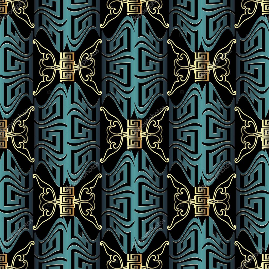 Beautiful modern 3d greek vector seamless pattern. Vintage ornamental surface geometric background. Repeat ornate decorative backdrop. Elegance wave greek key meanders ornament. Luxury design.