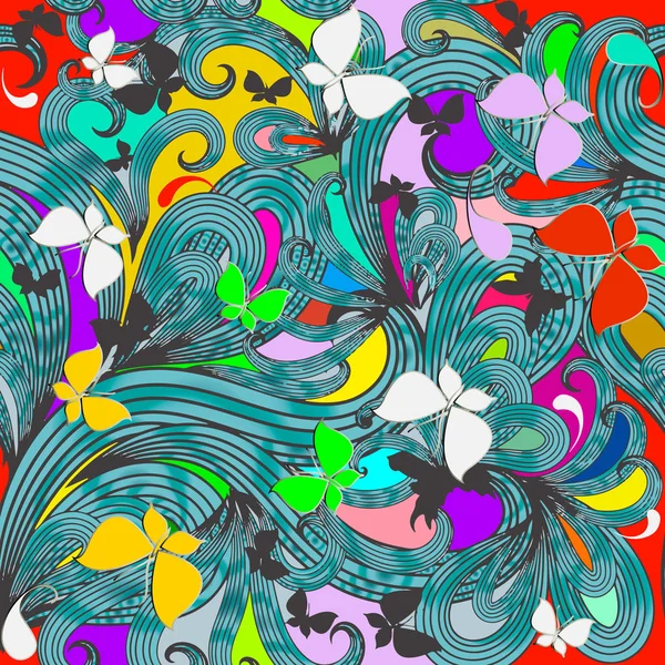 ファンタジー カラフルな花ベクターのシームレスなパターン 手には ヴィンテージの装飾用の背景が描画されます 明るい柄物春夏背景を繰り返します エレガント ストライプ蝶とペイズリーの花飾り — ストックベクタ