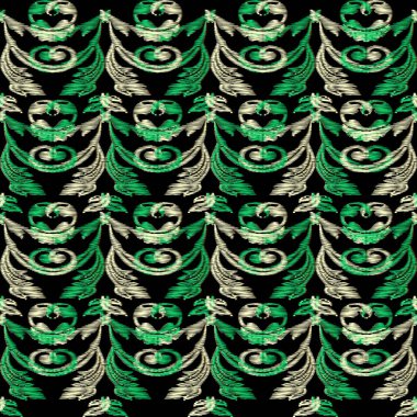 Yeşil nakış Barok vektör sorunsuz sınır desen. Vintage süs yapraklı arka plan Goblen. Grunge tekrar zemin. Çiçek işlemeli dedign. Antika stili süslü çiçekler, yapraklar. Süsleme