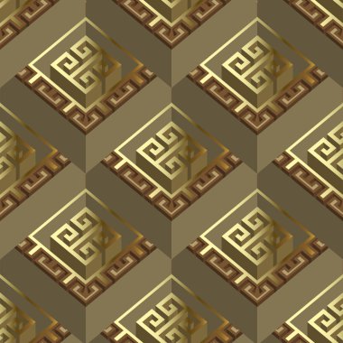 Süslü altın 3d geometrik Yunan vektör seamless modeli. Süs yüzey modern arka plan. Tekrar döşeli zemin. Dekoratif eski vintage Yunan anahtar süsleme kıvrımlı. Modaya uygun bir tasarım 