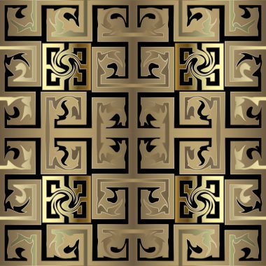 Altın damalı soyut eski Kelt stil Yunan 3d vektör seamless modeli. Süslü geometrik ilginç arka plan. Yaratıcı tekrar yüzey zemin. Kabile etnik tarzı Yunan anahtar süsleme kıvrımlı.