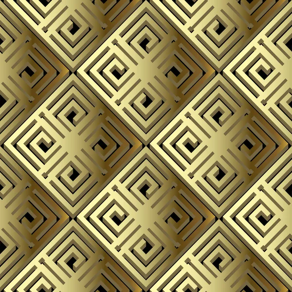 希腊3D 金几何矢量无缝图案 表面装饰金黄背景 抽象图案的装饰华夫饼背景 希腊钥匙铺瓷砖饰品 华丽的现代设计 — 图库矢量图片