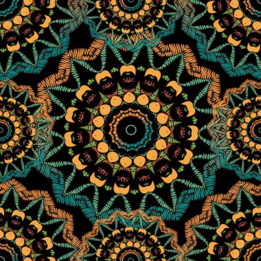 Duvar halısı çiçekli soyut vektör dikişsiz mandala deseni. Süslü renkli desenli arka plan. Dekoratif işlemeli etnik çiçek süsü. Grunge arka fonunu tekrar et. Nakışlı desenli tasarım