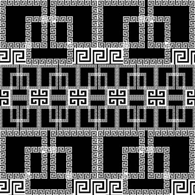Geometrik Yunan vektör sorunsuz sınır desen. Süs siyah beyaz süslü arka plan. Geometri damalı zemin yineleyin. Yunan anahtar geometrik şekiller, borders, kareler ile süsleme kıvrımlı