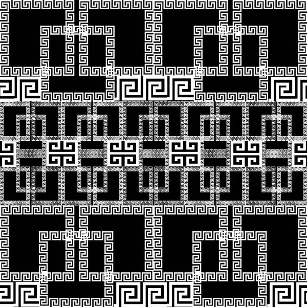 Geometric greek vector seamless border pattern. Ornamental black and white ornate background. Geometry repeat checkered backdrop. Greek key meanders ornament with geometrical shapes, borders, squares