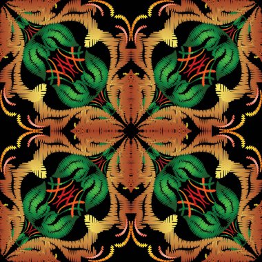 Nakış Barok vektör seamless modeli. Renkli çiçek grunge arka plan. Goblen duvar kağıdı. Arras damasko çiçekler, kaydırma bırakır, vintage Barok süsler. Süslü dekoratif işlemeli doku