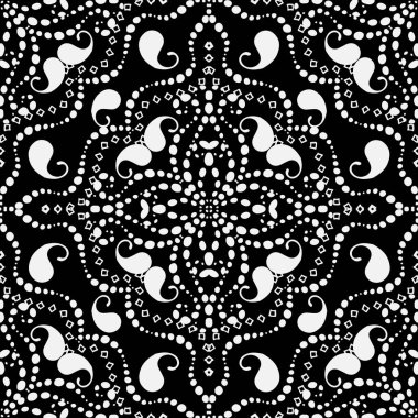 Noktalı çizgi siyah beyaz vektör Paisley seamless modeli. Tek renkli süs antika arka plan. Nokta ve desenli çiçek çiçek zerafeti damasko süsleme. Şablon. Kumaş, yazdırma için tasarım