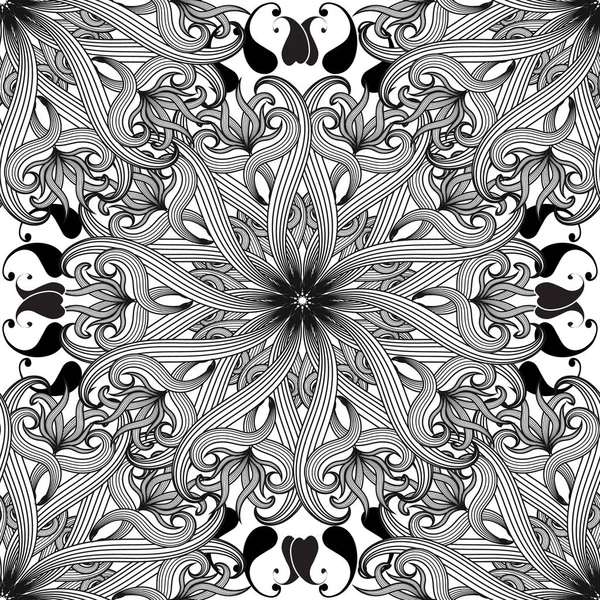 Komplizierte Florale Schwarz Weiße Paisley Vektormuster Nahtlos Hand Gezeichnet Doodle — Stockvektor