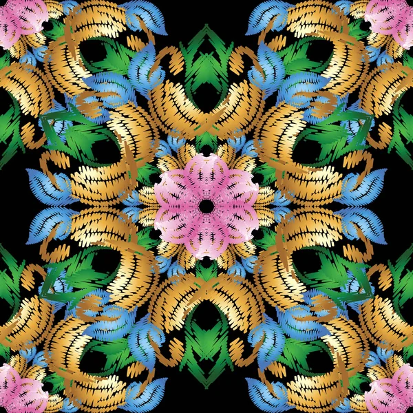 Broderie Baroque Vecteur Motif Sans Couture Fond Grunge Floral Coloré — Image vectorielle