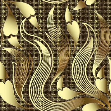 Altın süslü çiçek 3d Paisley vektör seamless modeli. Dokulu kılavuz örgü damalı arka plan. Örgülü süs zemin yineleyin. Vintage elle çizilmiş desenli çiçekler, yapraklar, kalpleri şekiller seviyorum. 