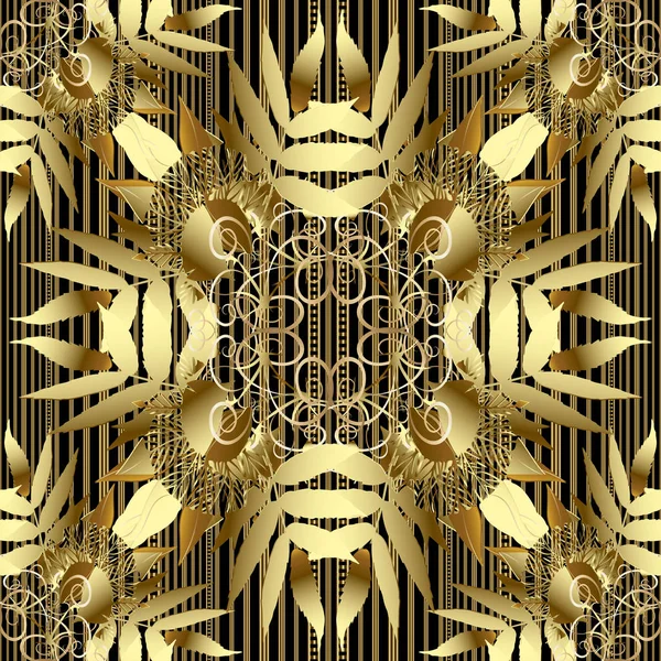 Gold Verzierten Floralen Blattvektor Nahtlose Muster Gestreifte Ornamentale Schönen Hintergrund — Stockvektor