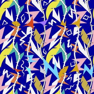 Soyut renkli kabile geometrik zikzak vektör seamless modeli. Karmaşık zig zag satırları. Mavi süs etnik tarzı arka plan. Dikenli dalga dalları. Grunge tebeşir Geometri şekilleri. Modern tasarım