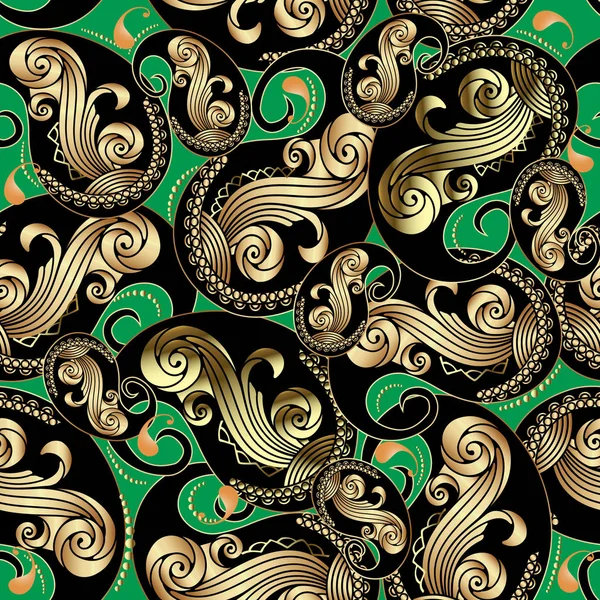 Utsmyckade Guld Och Svart Vintage Paisley Sömlösa Mönster Gröna Vector — Stock vektor