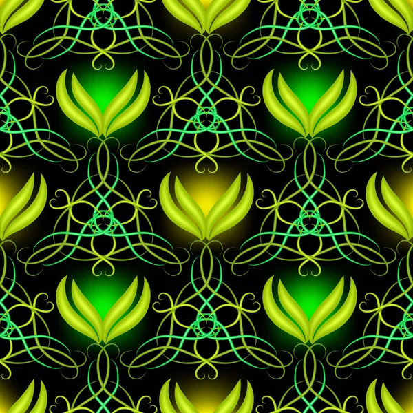 Moderne Abstrakte Grün Beleuchtete Arabesken Nahtlose Muster Vektor Ornamentalen Glühenden — Stockvektor