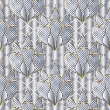 3D dokulu çiçek Paisley vektör Dikişsiz desen beyaz. Dekoratif gümüş gözleme arka plan. Dantel doku vintage desenli çiçekler. Kılavuz kafes modern yüzey süsleme. Tekrar süslü zemin.