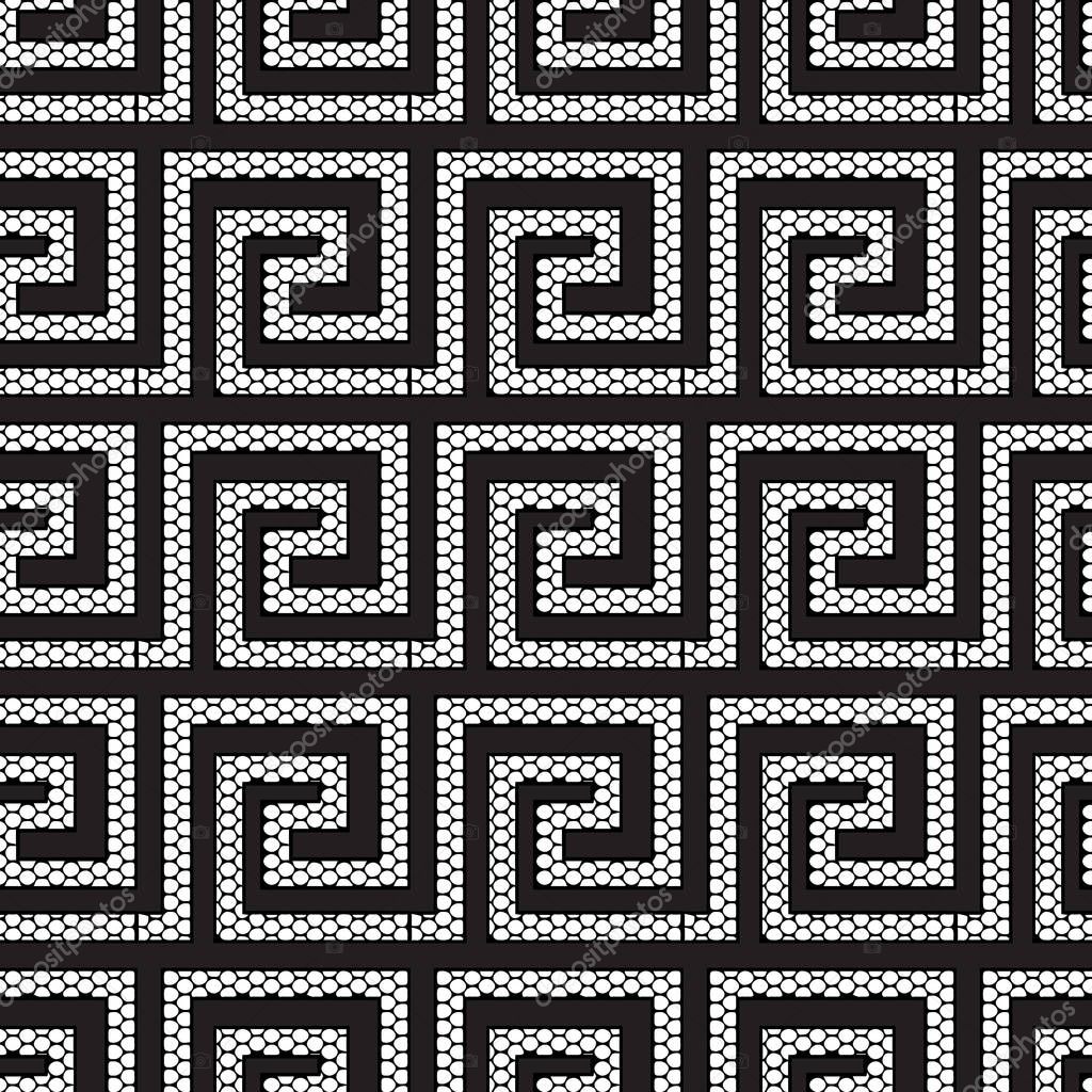 Lace textured geometric modern greek vector seamless pattern. Ornate black and white grid lattice patterned greek key meanders ornament. Ornamental abstract ancient style background. Grunge design