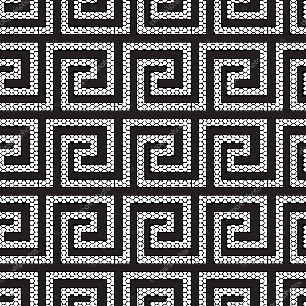 Lace textured geometric modern greek vector seamless pattern. Ornate black and white grid lattice patterned greek key meanders ornament. Ornamental abstract ancient style background. Grunge design