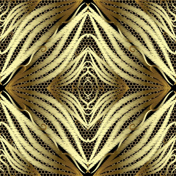 Abstracto Oro Bordado Vector Patrón Sin Costura Fondo Encaje Ornamental — Vector de stock