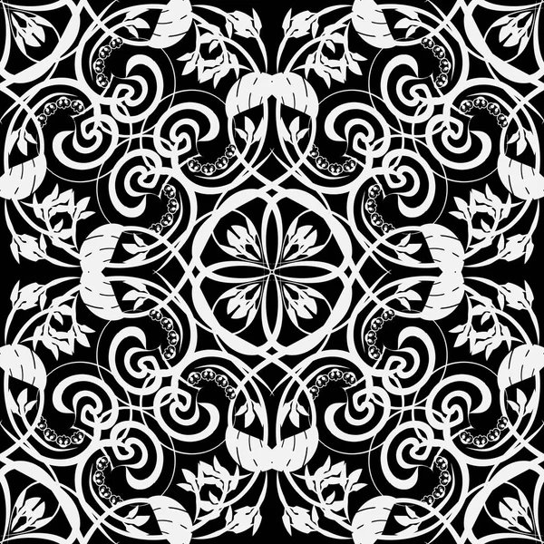 黒と白のビンテージ ダマスク シームレス パターン ベクター装飾用モノクロ華やかな背景 エレガンス手描きライン アート幾何学模様マンダラ飾りまんじ 花と葉します 背景を繰り返します — ストックベクタ