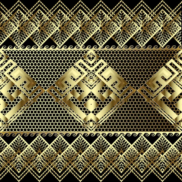 レース質感のゴールド ギリシャ ベクトル シームレスなボーダー パターン 観賞用グリッド格子の幾何学的な背景 華やかな繰り返し古代背景 グランジのジグザグ ライン ギリシャのキー蛇行飾り — ストックベクタ