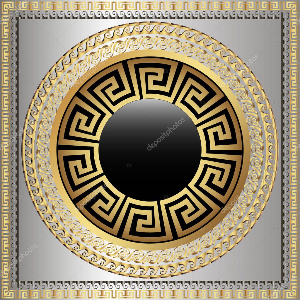 Greek key meanders round 3d mandala pattern. Ornamental grecian style greece square frame background. Modern geometric abstract ornate background. Repeat ancient decorative ornament. Modern design