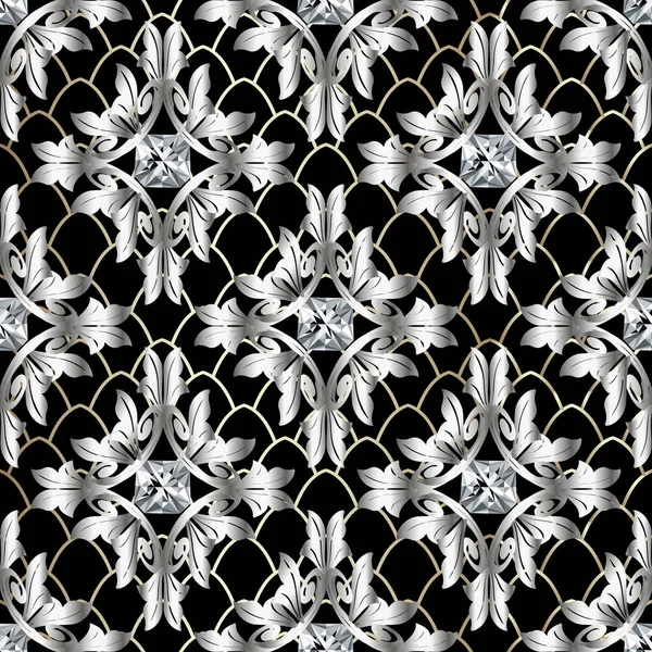 Барокко Векторный Бесшовный Шаблон Винтажный Антикварный Цветочный Серебристый Дамасский Орнамент — стоковый вектор