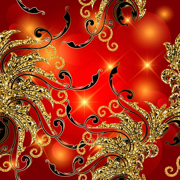 Золотой Блеск Винтажный Цветочный Вектор Барокко Бесшовный Узор Ярко Красный — стоковый вектор