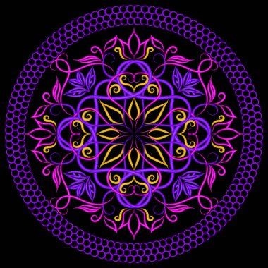 Yuvarlak çiçek etnik tarzı mandala desen. Vektör süs renkli arka plan. El çekilmiş çiçekler, yapraklar, eğriler, çizgiler, swirls. Dantel çerçeve. Dekoratif güzelleşmek tasarım ışıklı etkisi ile.