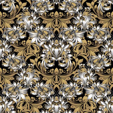 Çiçek süslü altın Barok 3d Dikişsiz desen vektör. Antika etnik stil süs güzelleşmek arka plan. Vintage çiçek Damask süsleme. Elegance modern tasarım el çekilmiş çiçekler, yapraklar