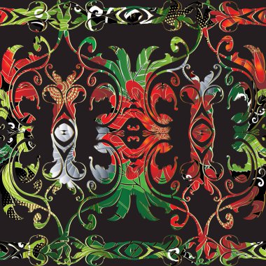 Parlak renkli çiçek Barok sorunsuz sınır desen. Vektör süs antika arka plan. Vintage soyut zerafet Barok Victoria tarzı süsleme. Kenarlıklar zemin yineleyin. Modern süslü tasarım