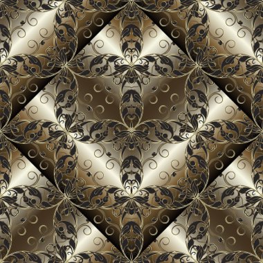 Barok 3d Dikişsiz desen vektör. Süs altın ve siyah Damask arka plan. Yüzey süslü zemin yineleyin. Lüks eski vintage çiçek süsleme Barok Victoria tarzı içinde. Elegance çiçekler, yapraklar