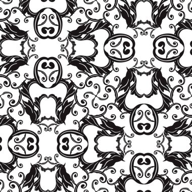 Barok siyah beyaz vektör seamless modeli. Süs tek renkli arka plan. Antika barok Victoria tarzı çiçek, kaydırma yaprakları, satırları. Vintage eski süs. Desenli zemin tekrar