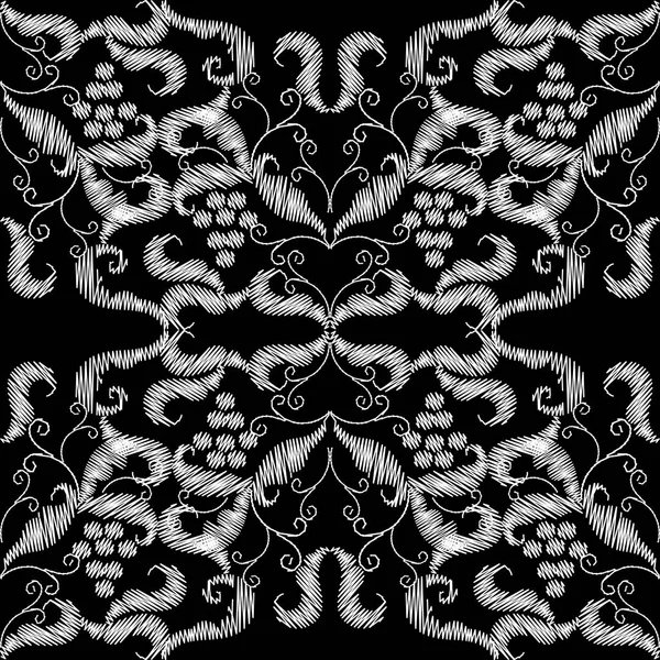 Broderie Raisin Noir Blanc Motif Baroque Vectoriel Sans Couture Tapisserie — Image vectorielle