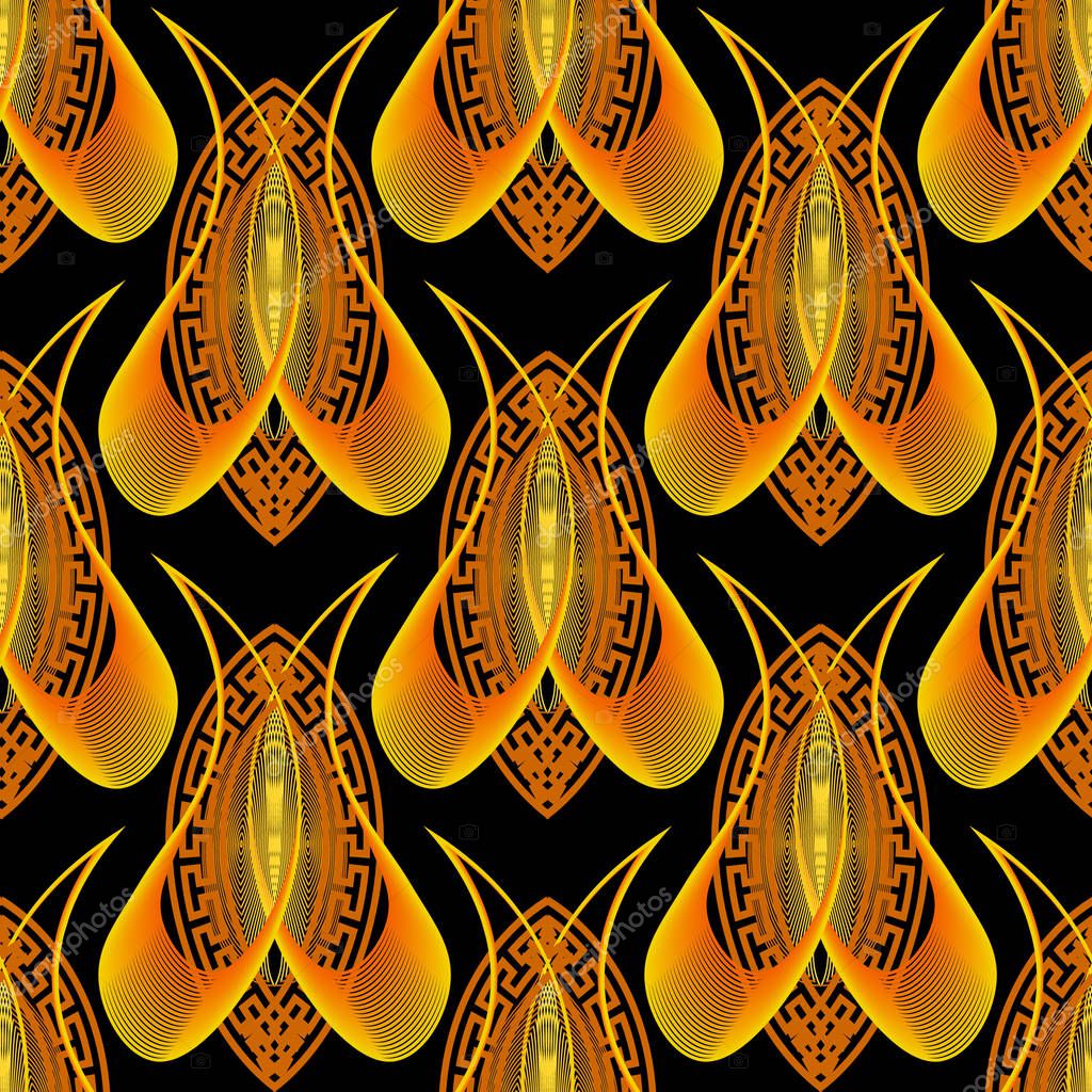 Floral greek ornamental 3d vector seamless pattern. Abstract Paisley background. Repeat colorful backdrop. Line art tracery radial halftone paisley flowers, lines, greek key, meanders ornament.