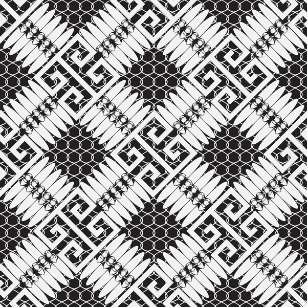 Geometrisch Abstracte Zwarte Witte Griekse Vector Naadloze Patroon Decoratieve Lace — Stockvector