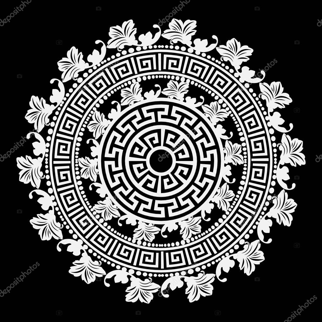 Black and white round floral greek vector mandala pattern. Ancient ornamental abstract background. Geometric shapes and flowers. Decorative ornate design in Baroque  style. Greek key meanders ornament