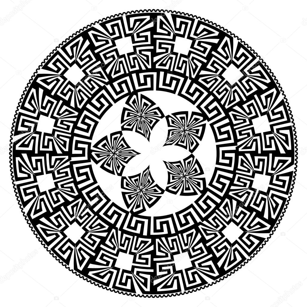 Vector round mandala vector pattern. Black greek key meanders geometric ornament on white background. Decorative floral mandala design. Geometrical shapes, lines, flowers, circles, borders, frames