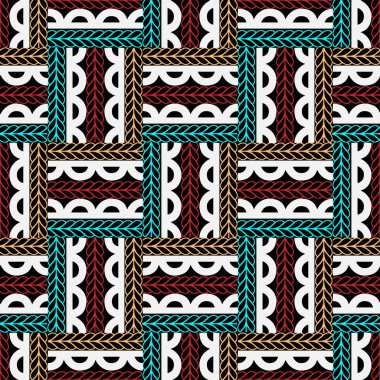 Renkli damalı süs seamless modeli. Vektör etnik tarzı geometrik arka plan. Kabile süsleme örgülü çizgiler, şekiller, dantel ile. Soyut kabile zemin yineleyin. Süslü dekoratif tasarım