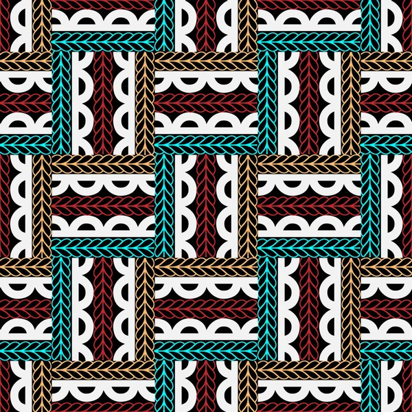 カラフルな市松模様の装飾的なシームレス パターン ベクトル エスニック風の幾何学的な背景 編組線 レースで部族の飾り 抽象的な種族背景を繰り返します 華やかな装飾的なデザイン — ストックベクタ