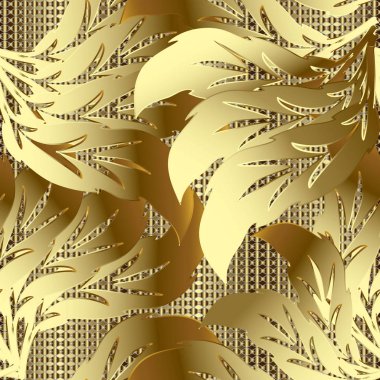 Altın Barok yapraklı 3d vektör seamless modeli. Dantel kılavuz kafes süs altın arka plan dokulu. Lüks çiçek süslü zemin yineleyin. Vintage antika barok tarzı zerafet süs yaprakları