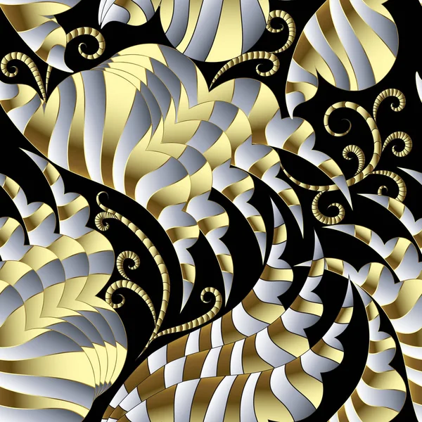ヴィンテージ花の複雑な ベクトルのシームレスなパターン 抽象的な装飾的な繁栄の背景 抽象的な金銀花 まんじ 線をストライプしました テクスチャ表面手描き繰り返し飾り — ストックベクタ