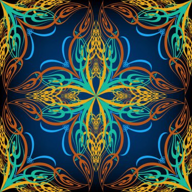 Renkli arabesk Paisley vektör seamless modeli. Çiçek süs antika arka plan. Etnik tarzı parlak zemin yineleyin. El desenli tasarım çekilmiş. Damasko desenli çiçekli süsleme