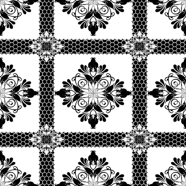 レース質感優雅花のベクトルのシームレスなパターン 黒と白の装飾的な市松模様の背景 ストライプの背景を繰り返します ヴィンテージ手描きライン アート幾何学模様の花 ダマスク織の飾り — ストックベクタ