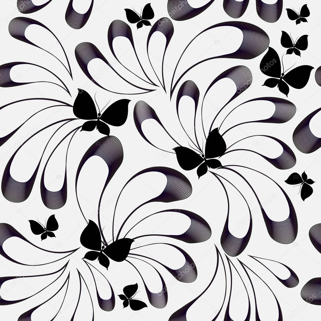 Floral black and white vector seamless pattern. Black blurred hand drawn doodle flowers and butterflies. Radial lines. Monochrome repeat backdrop. White ornamental background. Elegance isolated design