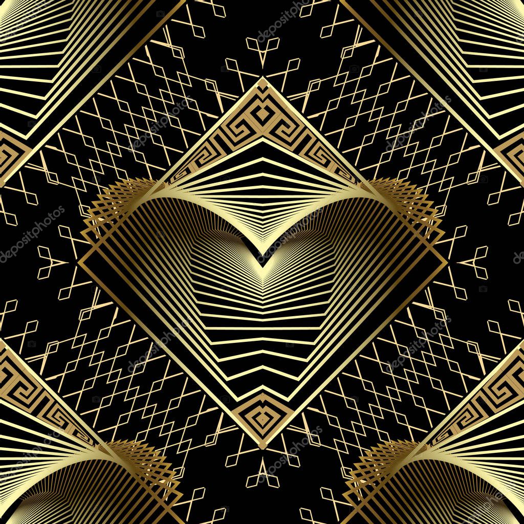 Geometric gold modern 3d vector seamless pattern. Greek ornamental grid lattice background. Repeat lace style backdrop. Surface textured fractal shapes with greek key meanders ornament. Luxury design.