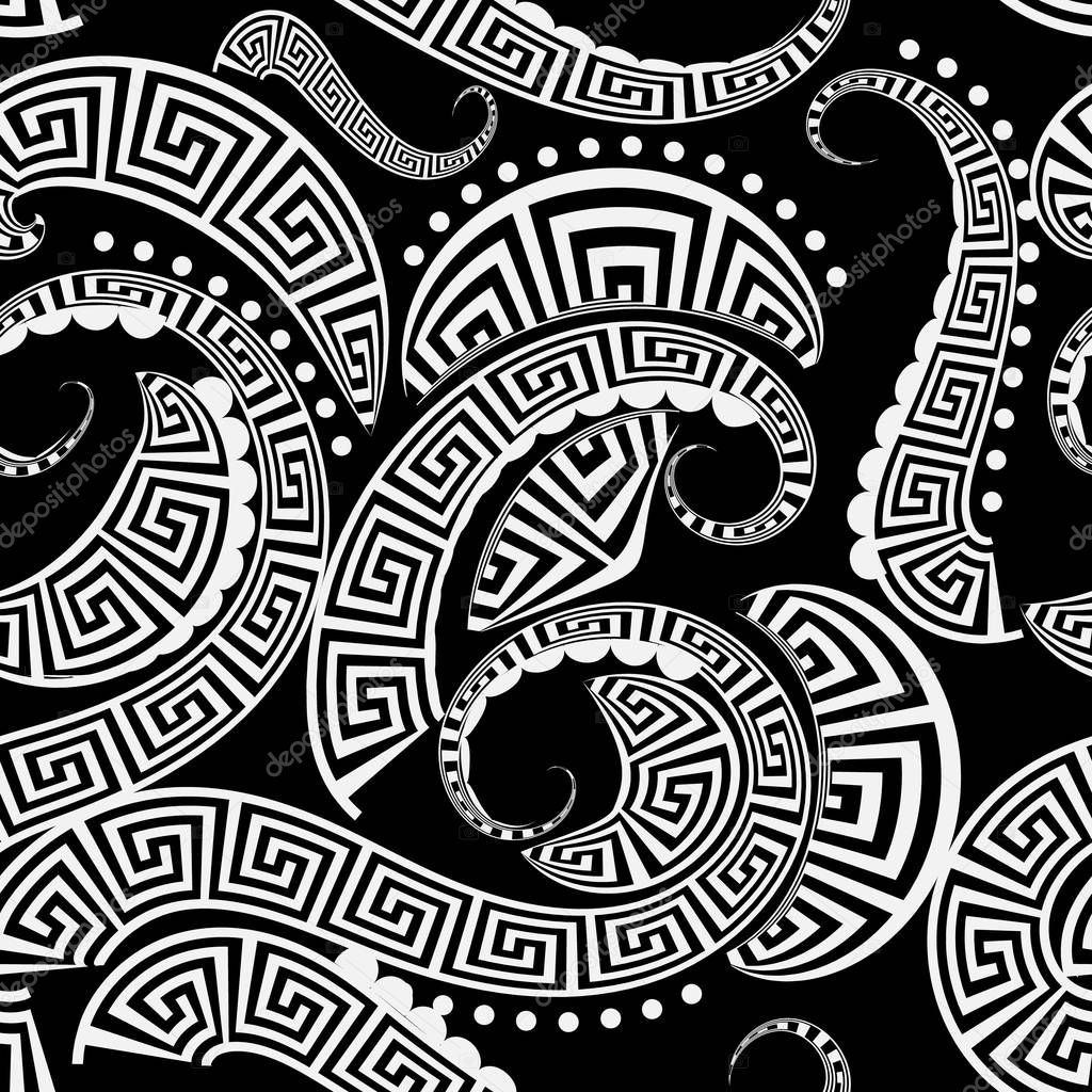 Ornamental vintage black and white greek key vector seamless pattern. Patterned modern background. Ethnic style paisley flowers, curves, wave lines, dots, circles, lace. Meanders ornament