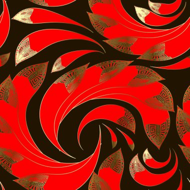 Parlak kırmızı süs Paisley vektör seamless modeli. Renkli Yunan arka plan. Desenli desenli çiçekler ile çizilmiş süs çiçek vintage ver. Altın antik Yunan anahtar Menderes. Etnik tarzı tasarım