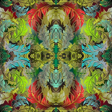 Renkli süs çiçek Barok vektör seamless modeli. Parlak yapraklı bitki örtüsü arka plan. Antika arka plan tekrarlayın. Lüks duvar kağıdı. Vintage çiçekler, yapraklar, Viktorya tarzı Barok süsler